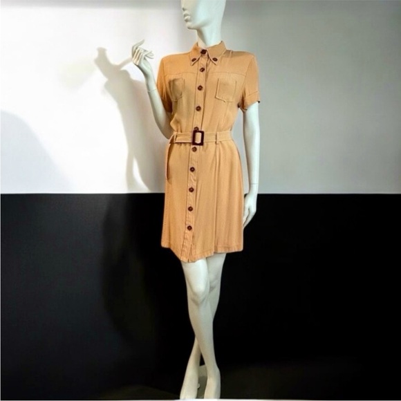 Vintage Crepe Safari Style Shirt Dress + Bonus Vintage Silk Scarf - Picture 3 of 15